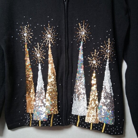 Berek Cardigan Sweater Women L Sequins Beaded Christmas Trees Pine Tree - Picture 12 of 12